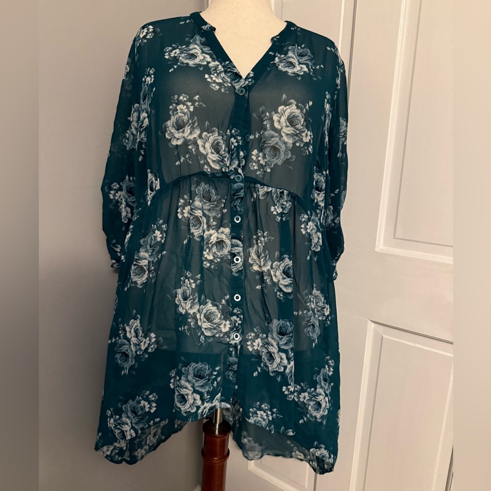 Dark Green Hi-Low Tunic Floral Sheer Blouse
